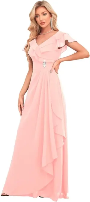 Women's V Neck Chiffon Bridesmaid Dresses Long with Slit Ruffled Sleeve Empire Waist Formal Dress with Pockets BD26