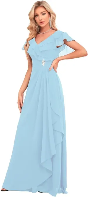 Women's V Neck Chiffon Bridesmaid Dresses Long with Slit Ruffled Sleeve Empire Waist Formal Dress with Pockets BD26