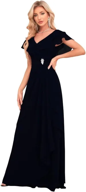 Women's V Neck Chiffon Bridesmaid Dresses Long with Slit Ruffled Sleeve Empire Waist Formal Dress with Pockets BD26