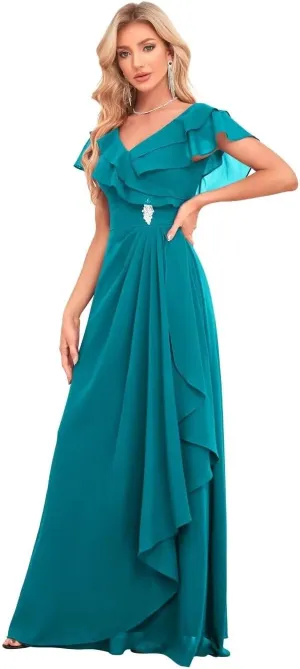 Women's V Neck Chiffon Bridesmaid Dresses Long with Slit Ruffled Sleeve Empire Waist Formal Dress with Pockets BD26