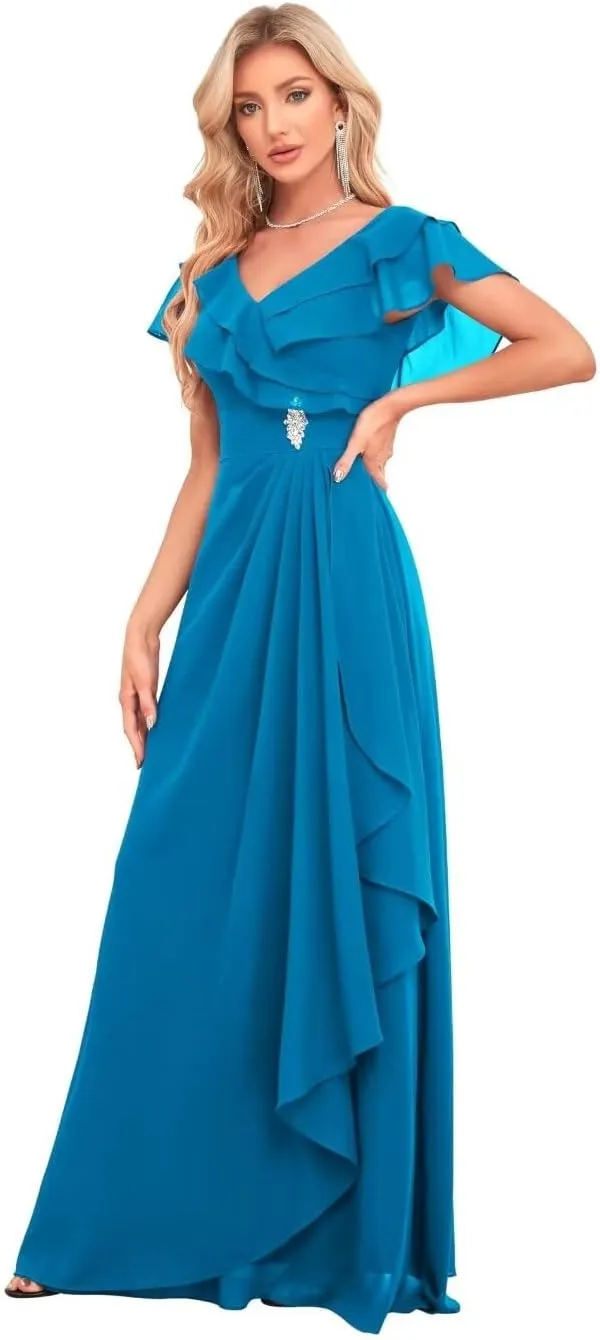 Women's V Neck Chiffon Bridesmaid Dresses Long with Slit Ruffled Sleeve Empire Waist Formal Dress with Pockets BD26