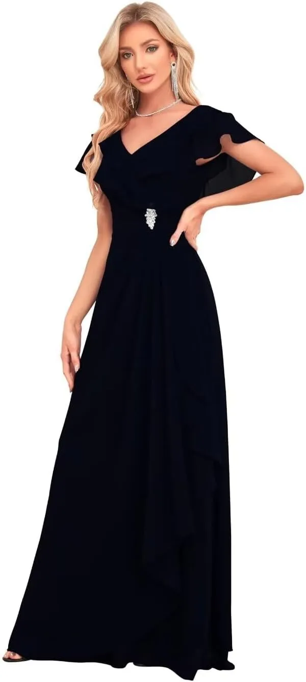 Women's V Neck Chiffon Bridesmaid Dresses Long with Slit Ruffled Sleeve Empire Waist Formal Dress with Pockets BD26