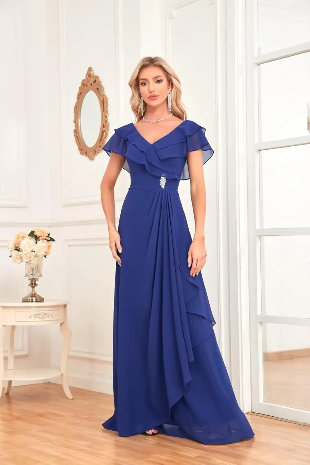 Women's V Neck Chiffon Bridesmaid Dresses Long with Slit Ruffled Sleeve Empire Waist Formal Dress with Pockets BD26