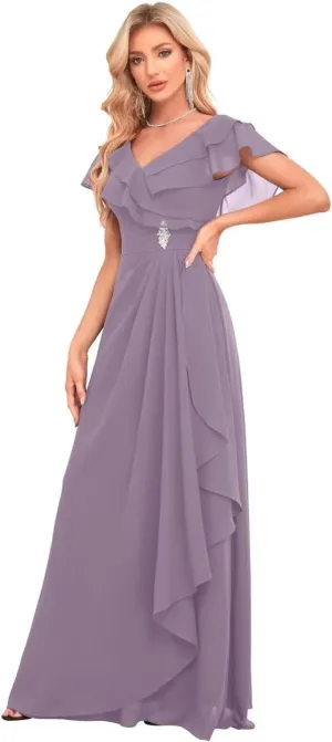 Women's V Neck Chiffon Bridesmaid Dresses Long with Slit Ruffled Sleeve Empire Waist Formal Dress with Pockets BD26
