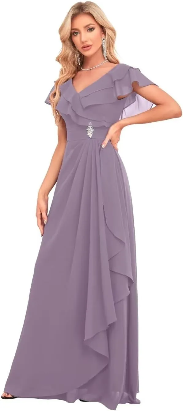 Women's V Neck Chiffon Bridesmaid Dresses Long with Slit Ruffled Sleeve Empire Waist Formal Dress with Pockets BD26