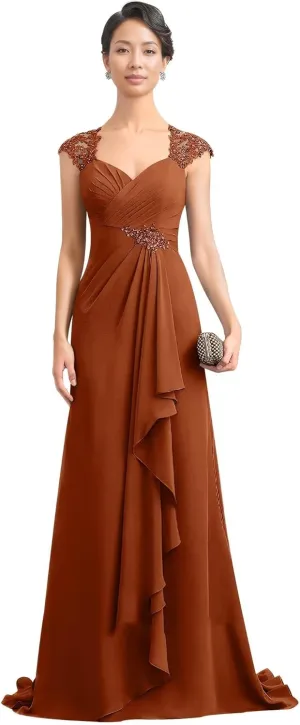 Women's V Neck Mother of The Bride Dress Long Wedding Prom Dress Lace Appliques Chiffon Formal Evening Party Gowns