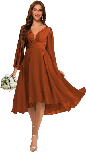 YOFF Women's Chiffon V Neck Bridesmaid Dress Long Sleeves Pleated A-Line Midi Length Wedding Guest Dress YO114