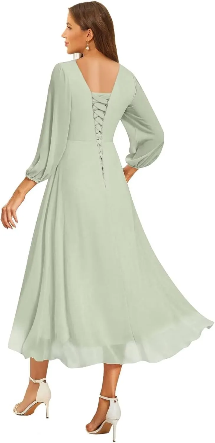 YOFF Women's Chiffon V Neck Bridesmaid Dress Long Sleeves Pleated A-Line Midi Length Wedding Guest Dress YO114