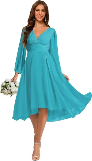 YOFF Women's Chiffon V Neck Bridesmaid Dress Long Sleeves Pleated A-Line Midi Length Wedding Guest Dress YO114