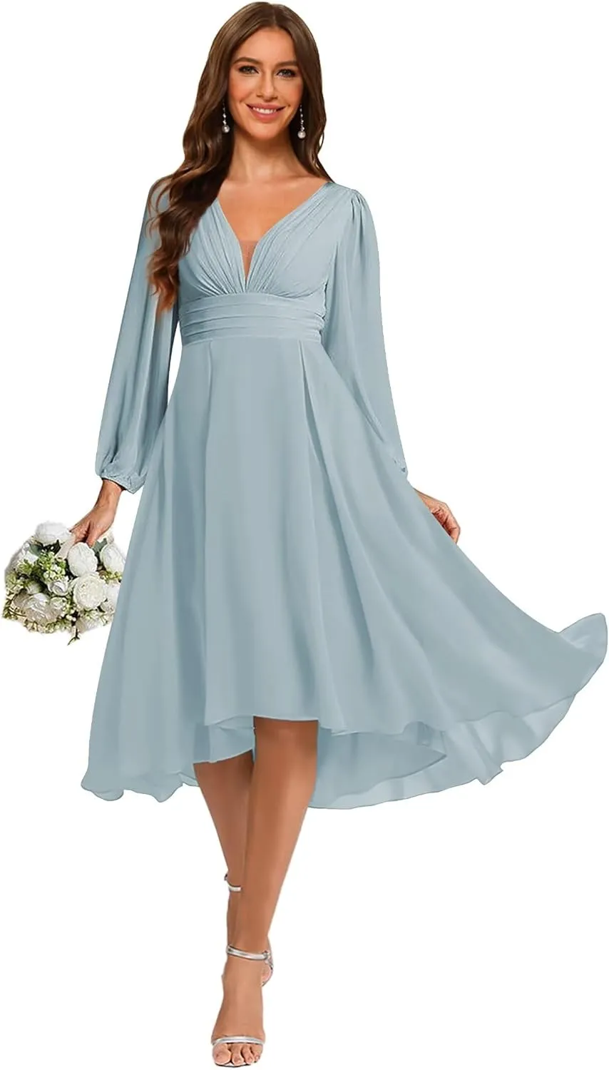 YOFF Women's Chiffon V Neck Bridesmaid Dress Long Sleeves Pleated A-Line Midi Length Wedding Guest Dress YO114