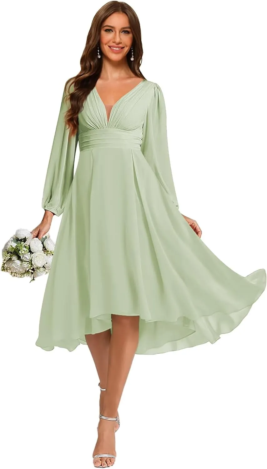 YOFF Women's Chiffon V Neck Bridesmaid Dress Long Sleeves Pleated A-Line Midi Length Wedding Guest Dress YO114