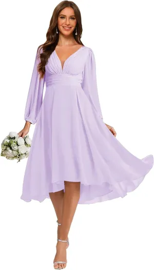 YOFF Women's Chiffon V Neck Bridesmaid Dress Long Sleeves Pleated A-Line Midi Length Wedding Guest Dress YO114
