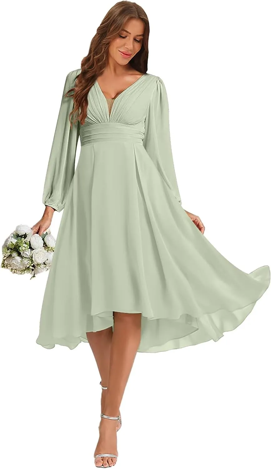 YOFF Women's Chiffon V Neck Bridesmaid Dress Long Sleeves Pleated A-Line Midi Length Wedding Guest Dress YO114