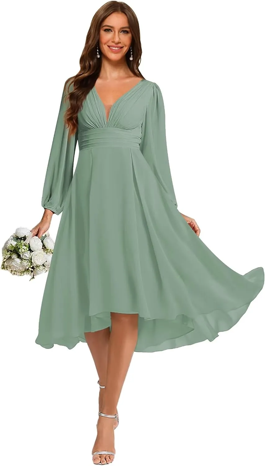 YOFF Women's Chiffon V Neck Bridesmaid Dress Long Sleeves Pleated A-Line Midi Length Wedding Guest Dress YO114