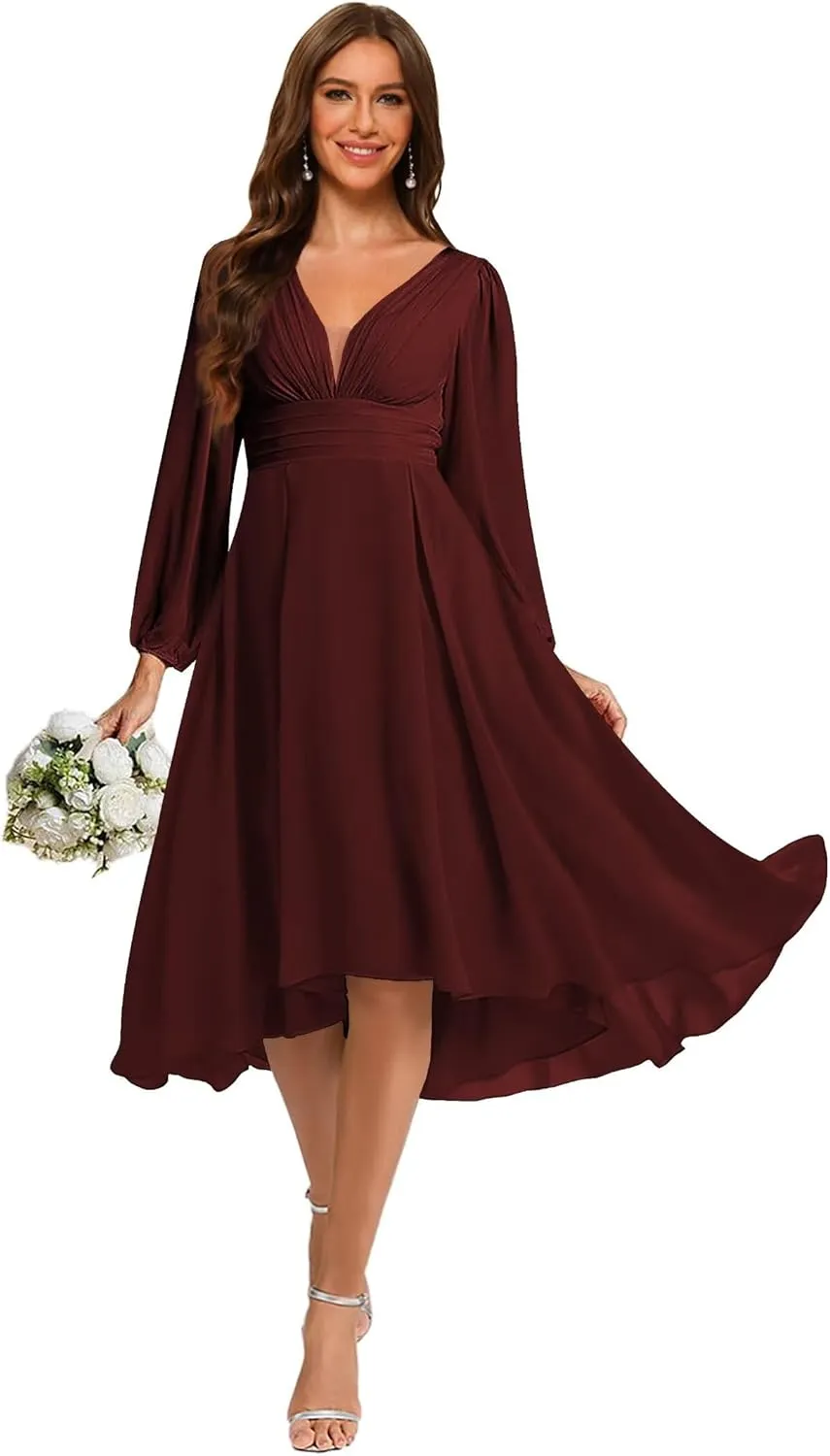 YOFF Women's Chiffon V Neck Bridesmaid Dress Long Sleeves Pleated A-Line Midi Length Wedding Guest Dress YO114
