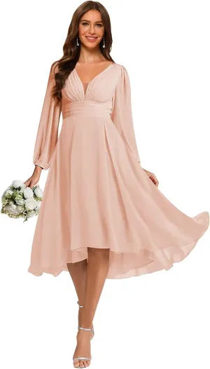 YOFF Women's Chiffon V Neck Bridesmaid Dress Long Sleeves Pleated A-Line Midi Length Wedding Guest Dress YO114
