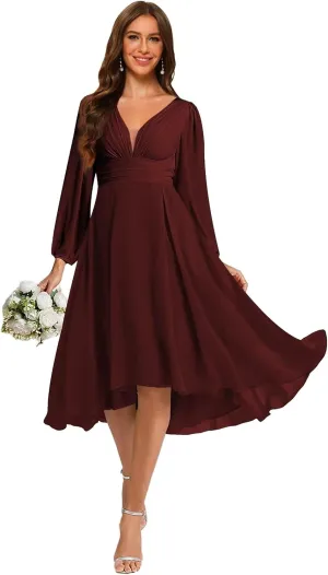 YOFF Women's Chiffon V Neck Bridesmaid Dress Long Sleeves Pleated A-Line Midi Length Wedding Guest Dress YO114