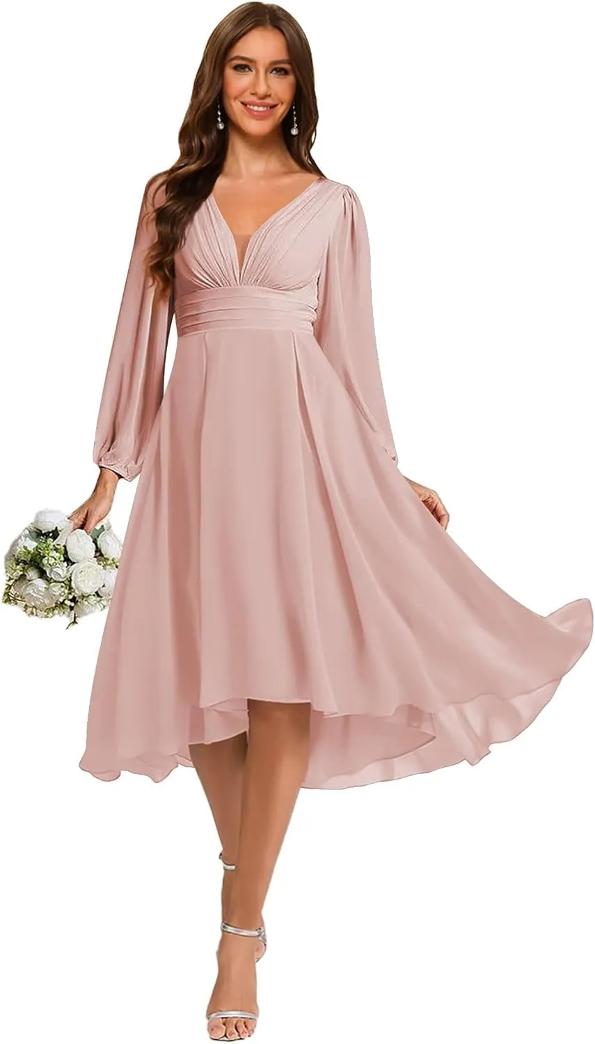 YOFF Women's Chiffon V Neck Bridesmaid Dress Long Sleeves Pleated A-Line Midi Length Wedding Guest Dress YO114