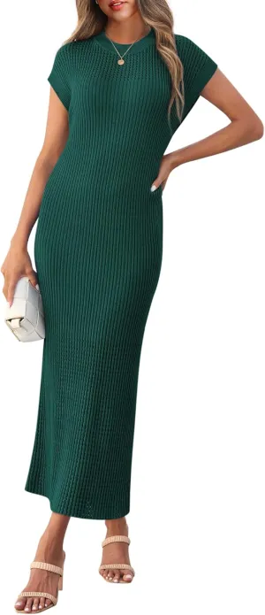 Yousify Womens Ribbed Knit Dress 2025 Trendy Casual Cap Sleeve Crewneck Maxi Dresses S-XXL