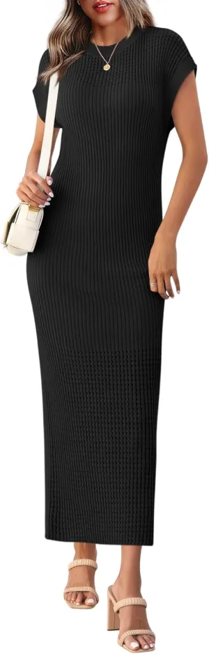 Yousify Womens Ribbed Knit Dress 2025 Trendy Casual Cap Sleeve Crewneck Maxi Dresses S-XXL