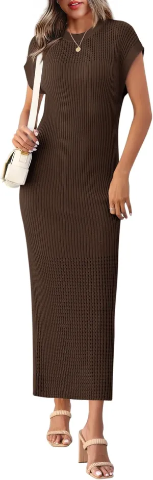 Yousify Womens Ribbed Knit Dress 2025 Trendy Casual Cap Sleeve Crewneck Maxi Dresses S-XXL