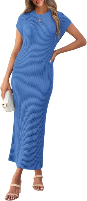 Yousify Womens Ribbed Knit Dress 2025 Trendy Casual Cap Sleeve Crewneck Maxi Dresses S-XXL