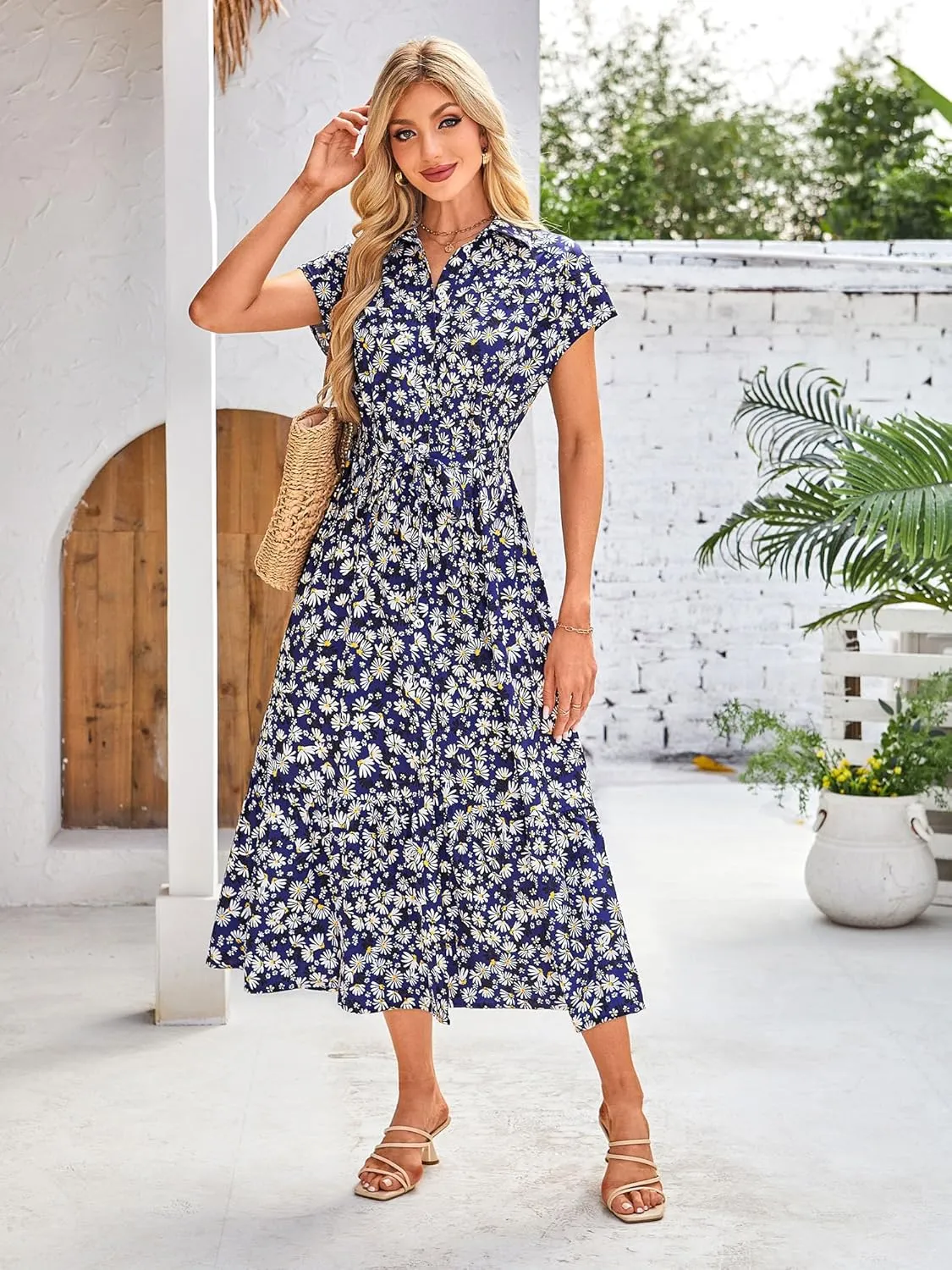 ZABERRY Button Down Collar Neck Wrap Dress with Belt Cap Sleeve Long Maxi Summer Wedding Guest Dresses for Women