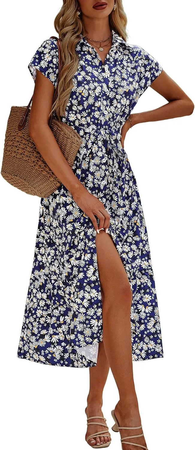 ZABERRY Button Down Collar Neck Wrap Dress with Belt Cap Sleeve Long Maxi Summer Wedding Guest Dresses for Women