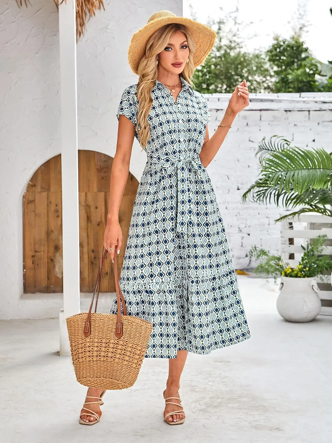 ZABERRY Button Down Collar Neck Wrap Dress with Belt Cap Sleeve Long Maxi Summer Wedding Guest Dresses for Women