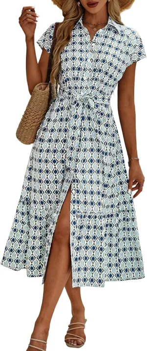 ZABERRY Button Down Collar Neck Wrap Dress with Belt Cap Sleeve Long Maxi Summer Wedding Guest Dresses for Women