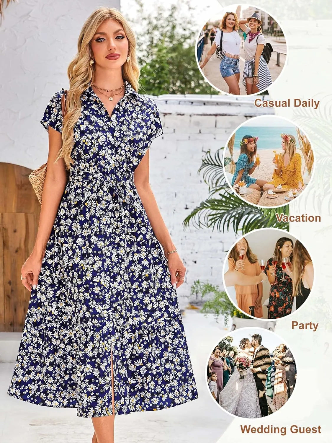 ZABERRY Button Down Collar Neck Wrap Dress with Belt Cap Sleeve Long Maxi Summer Wedding Guest Dresses for Women