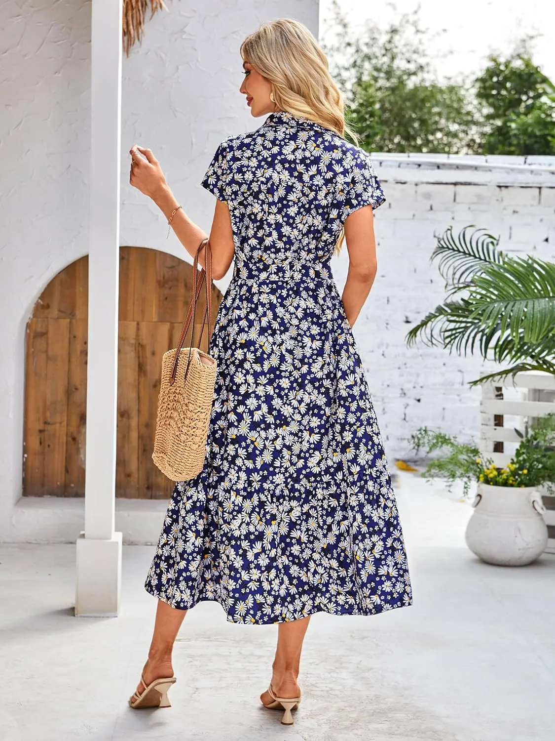 ZABERRY Button Down Collar Neck Wrap Dress with Belt Cap Sleeve Long Maxi Summer Wedding Guest Dresses for Women