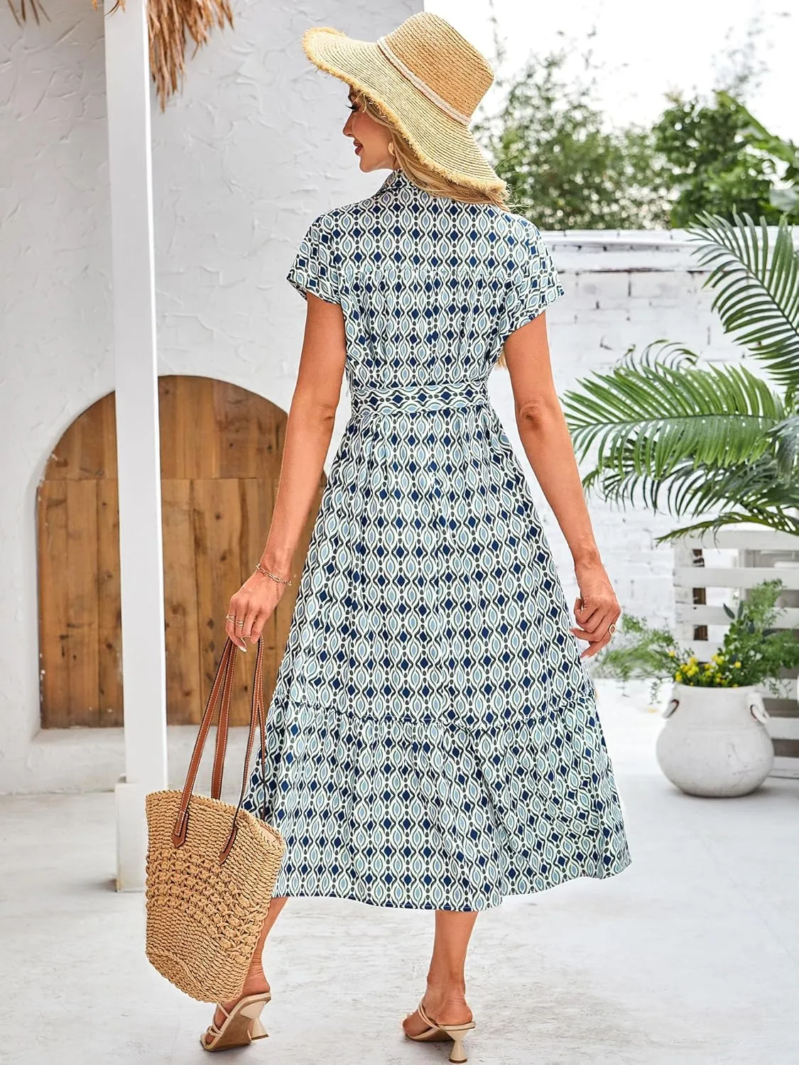 ZABERRY Button Down Collar Neck Wrap Dress with Belt Cap Sleeve Long Maxi Summer Wedding Guest Dresses for Women