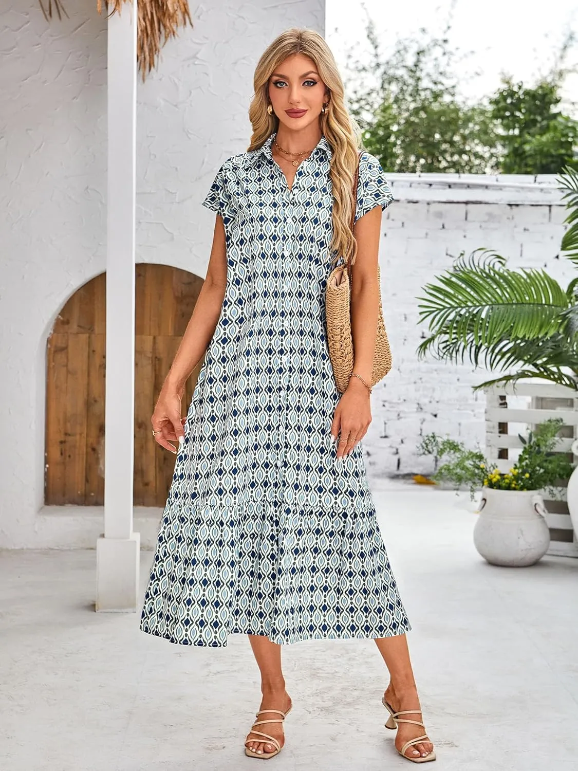 ZABERRY Button Down Collar Neck Wrap Dress with Belt Cap Sleeve Long Maxi Summer Wedding Guest Dresses for Women