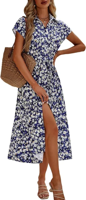 ZABERRY Button Down Collar Neck Wrap Dress with Belt Cap Sleeve Long Maxi Summer Wedding Guest Dresses for Women