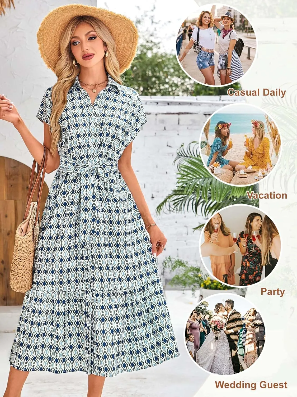 ZABERRY Button Down Collar Neck Wrap Dress with Belt Cap Sleeve Long Maxi Summer Wedding Guest Dresses for Women
