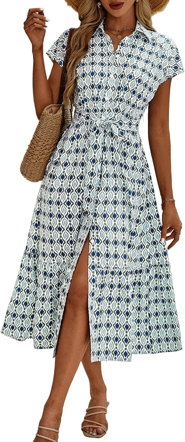 ZABERRY Button Down Collar Neck Wrap Dress with Belt Cap Sleeve Long Maxi Summer Wedding Guest Dresses for Women