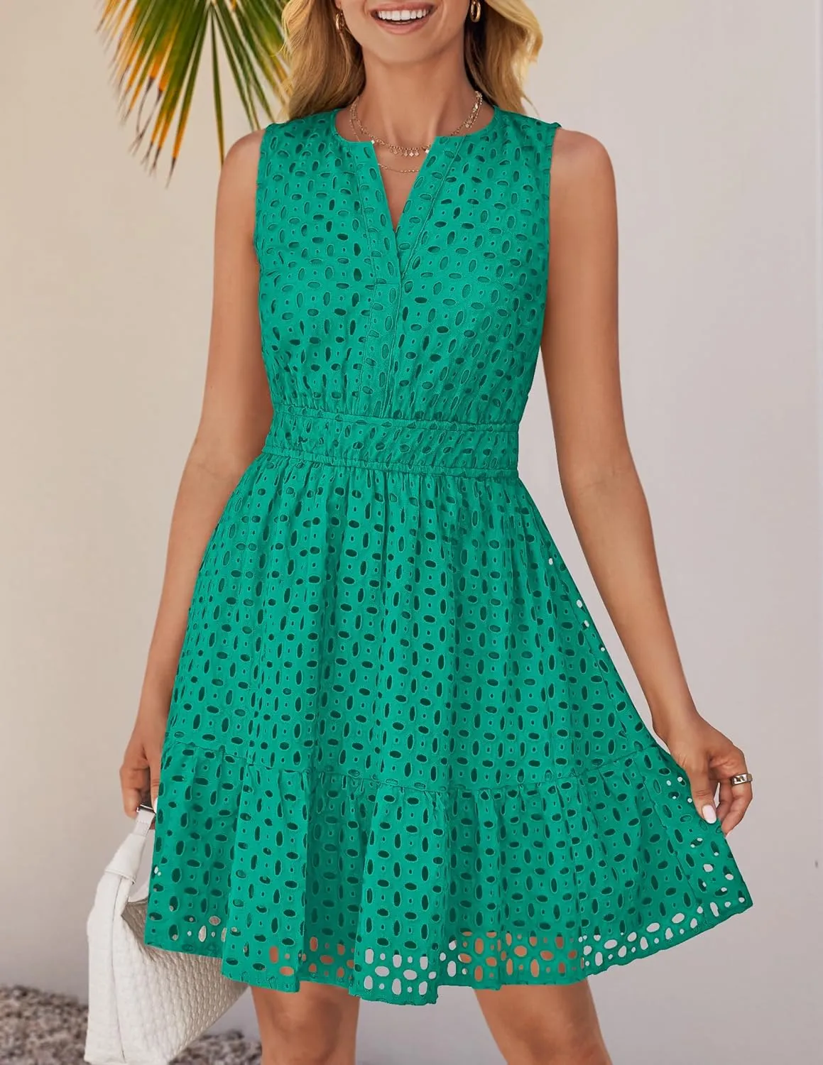 ZESICA Women's Summer Sleeveless Mini Dress V Neck Hollow Out Eyelet High Waist A Line Swing Short Party Dresses