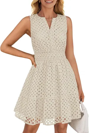 ZESICA Women's Summer Sleeveless Mini Dress V Neck Hollow Out Eyelet High Waist A Line Swing Short Party Dresses
