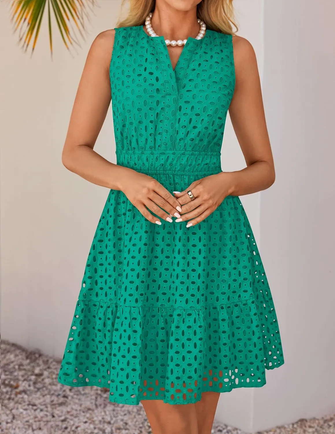 ZESICA Women's Summer Sleeveless Mini Dress V Neck Hollow Out Eyelet High Waist A Line Swing Short Party Dresses