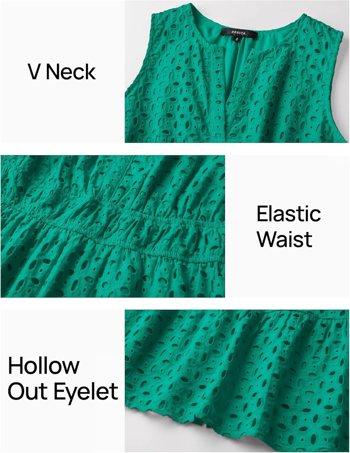 ZESICA Women's Summer Sleeveless Mini Dress V Neck Hollow Out Eyelet High Waist A Line Swing Short Party Dresses