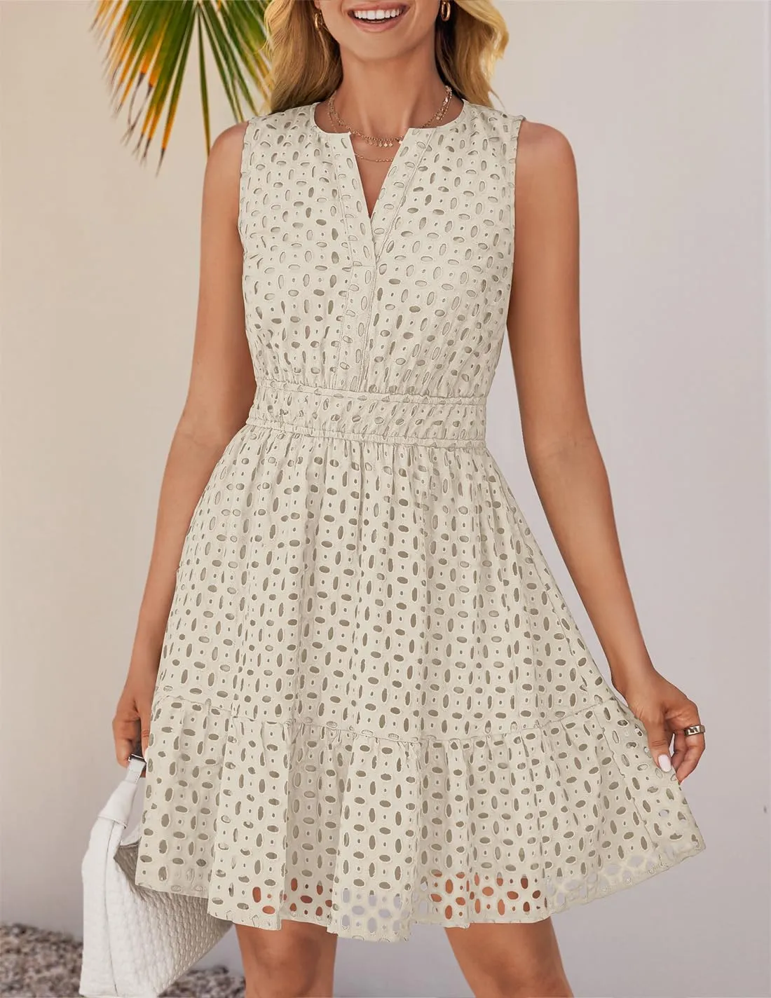 ZESICA Women's Summer Sleeveless Mini Dress V Neck Hollow Out Eyelet High Waist A Line Swing Short Party Dresses
