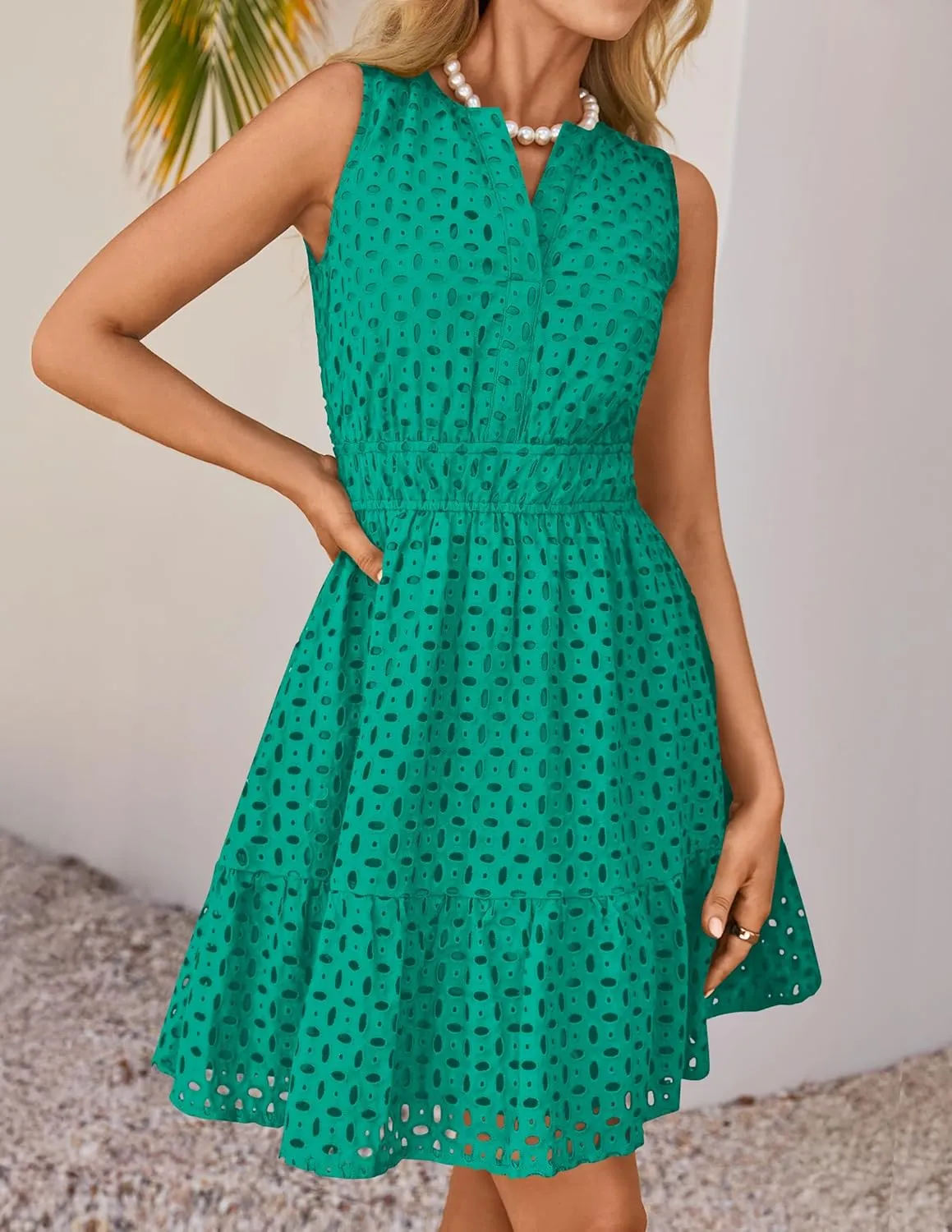 ZESICA Women's Summer Sleeveless Mini Dress V Neck Hollow Out Eyelet High Waist A Line Swing Short Party Dresses