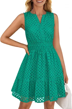 ZESICA Women's Summer Sleeveless Mini Dress V Neck Hollow Out Eyelet High Waist A Line Swing Short Party Dresses