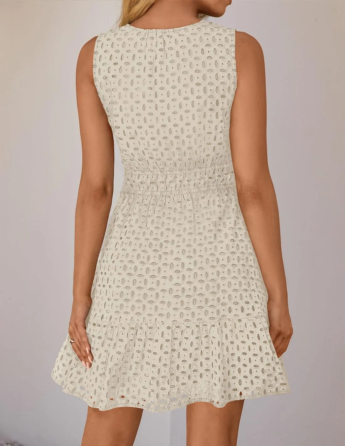 ZESICA Women's Summer Sleeveless Mini Dress V Neck Hollow Out Eyelet High Waist A Line Swing Short Party Dresses