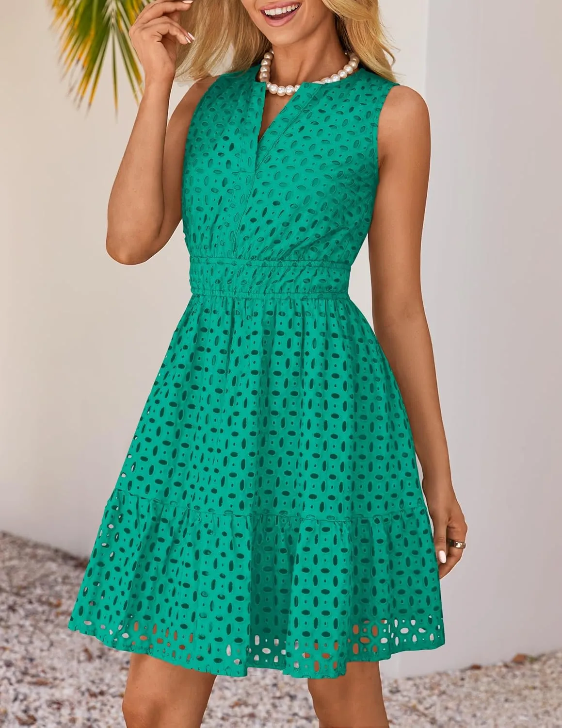 ZESICA Women's Summer Sleeveless Mini Dress V Neck Hollow Out Eyelet High Waist A Line Swing Short Party Dresses