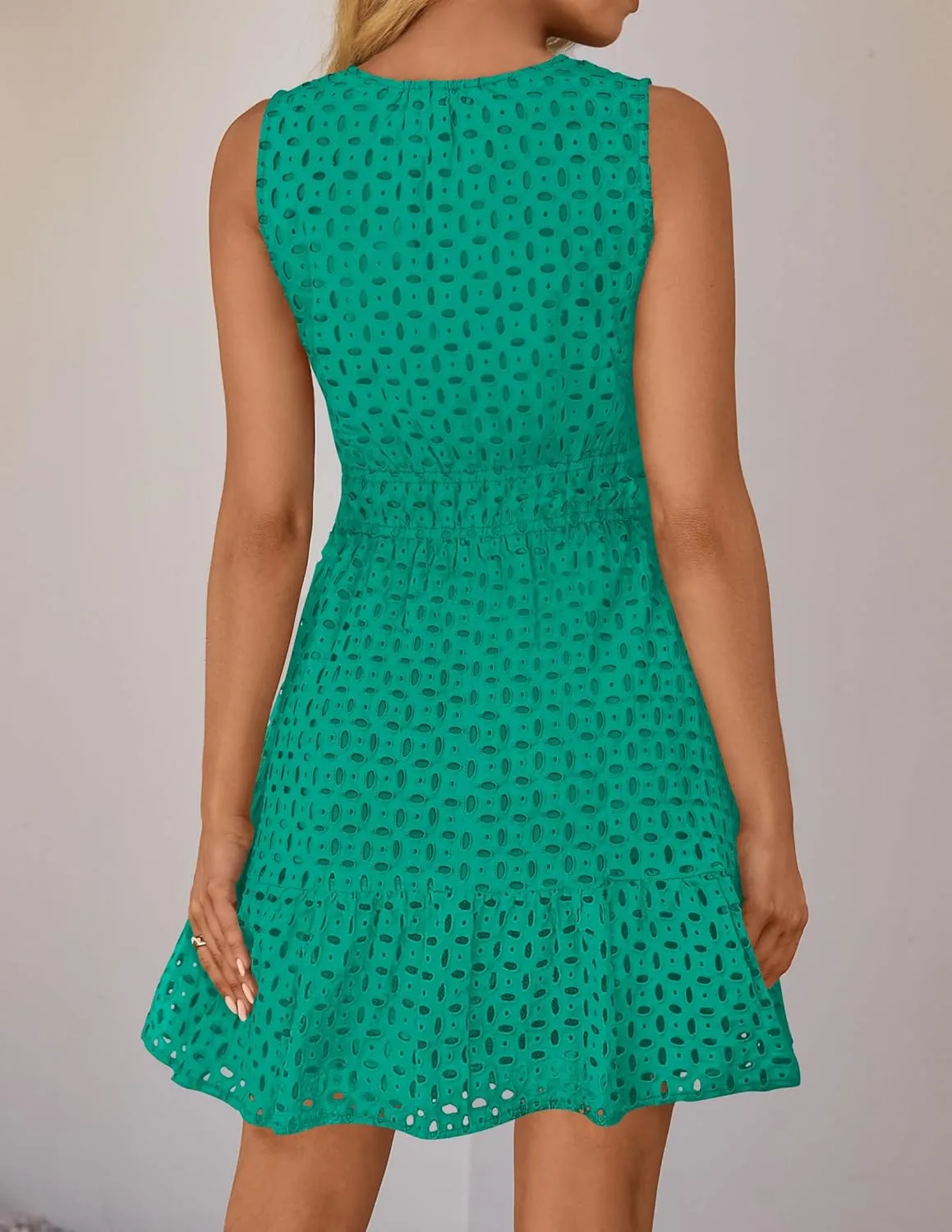 ZESICA Women's Summer Sleeveless Mini Dress V Neck Hollow Out Eyelet High Waist A Line Swing Short Party Dresses