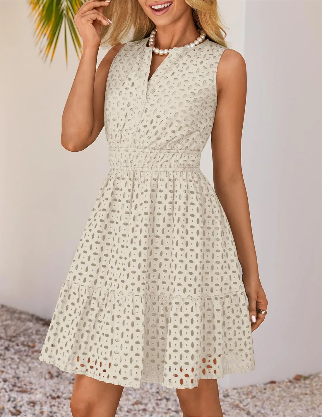 ZESICA Women's Summer Sleeveless Mini Dress V Neck Hollow Out Eyelet High Waist A Line Swing Short Party Dresses