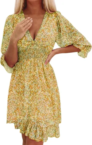 ZYXTIM Women's 2023 Summer Swing Dress Elegant Deep V Neck Floral Half Sleeve Ruffle Layer A-Line Short Dress Beach Sundress